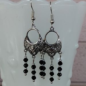Black Crystal and Silver Bead Puff Dangle earrings